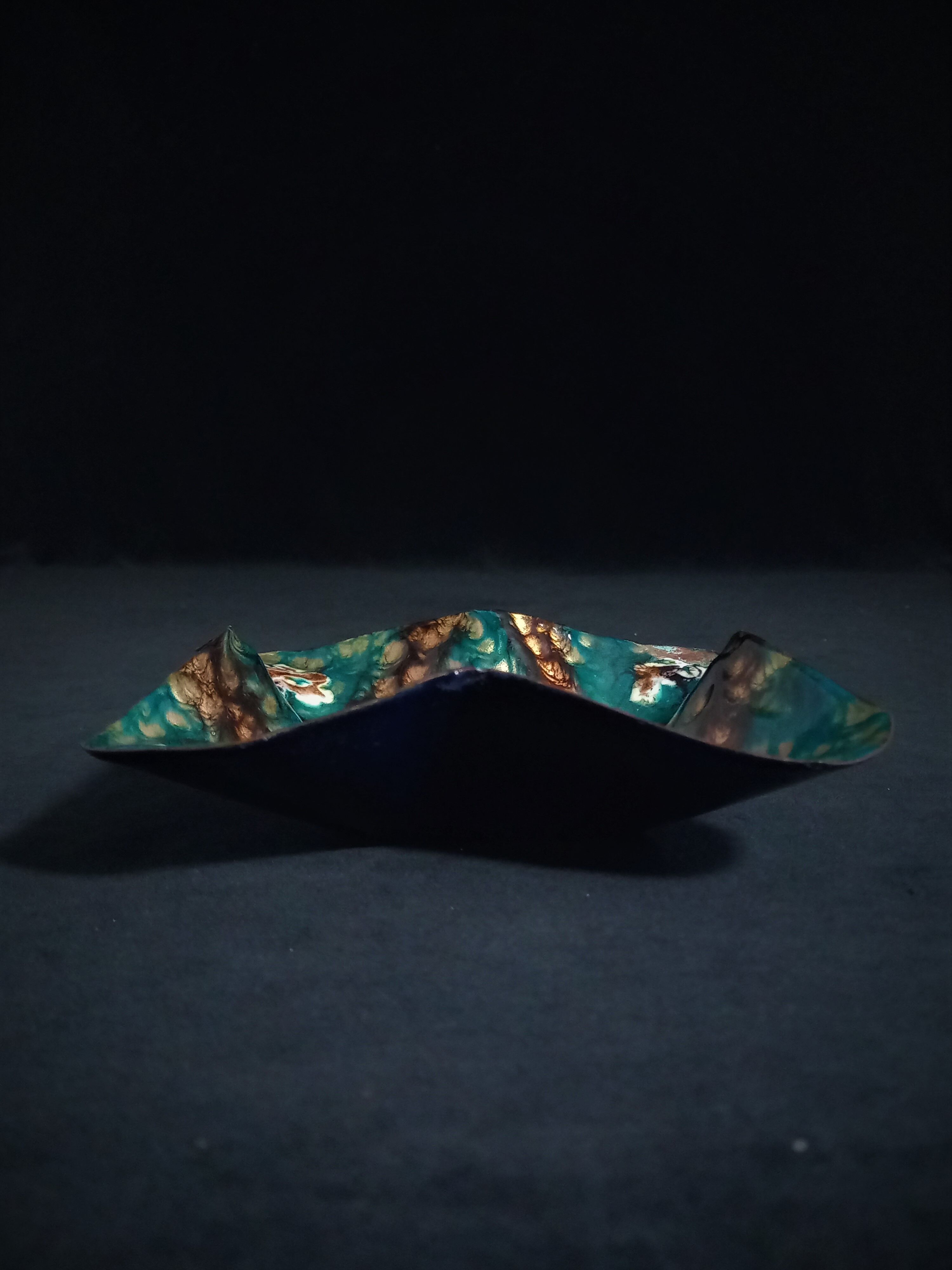 Two vintage enamelled copper tidies