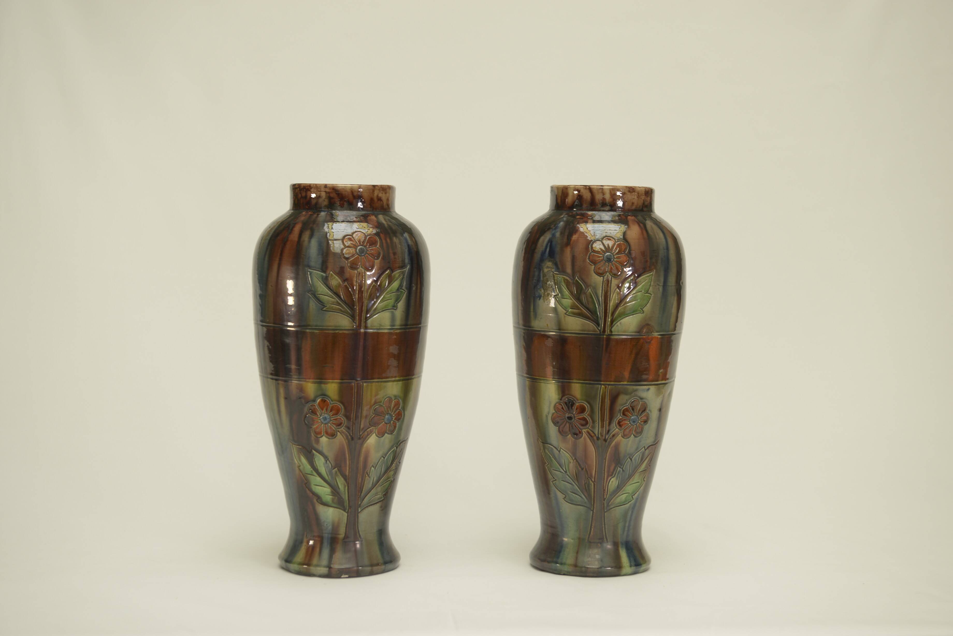 Pair of barbotine vases from the early 20th century stamped BELGIUM 158