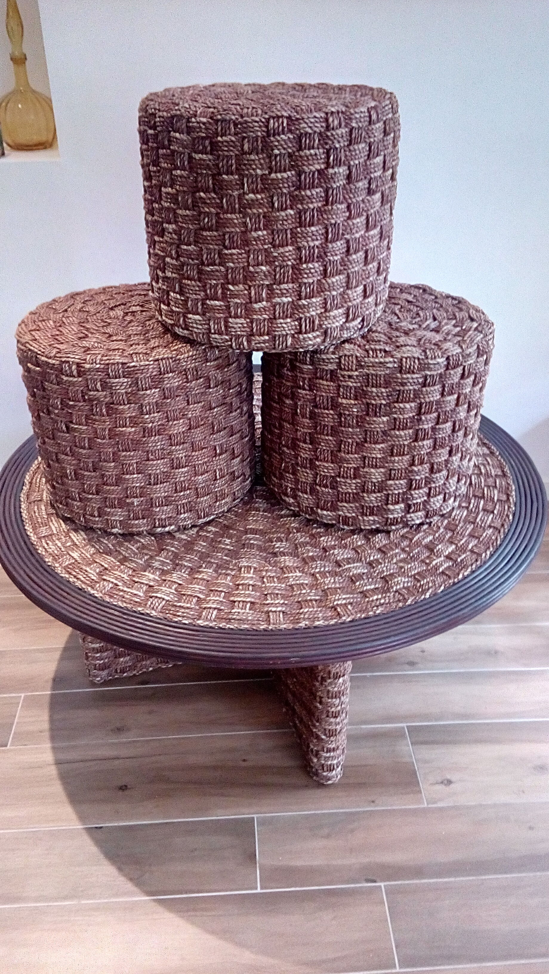 Vintage stool pouf in braided rope