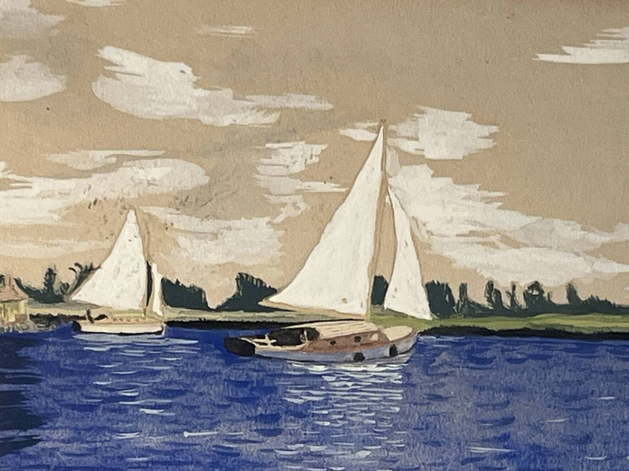 "Boats on the lake" gouache signed