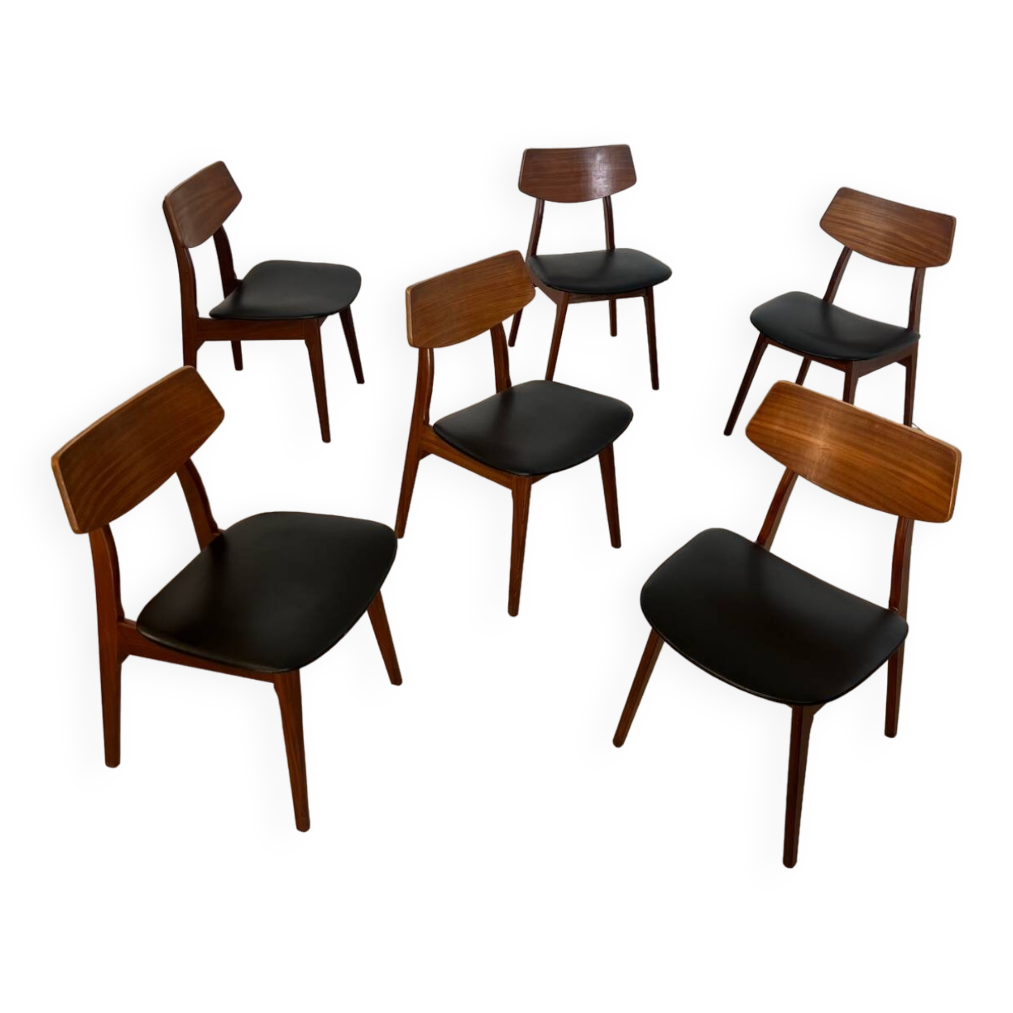 Set of 6 teak and black imitation leather chairs, Scandinavian design from the 70s vintage
