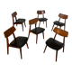 Set of 6 teak and black imitation leather chairs, Scandinavian design from the 70s vintage