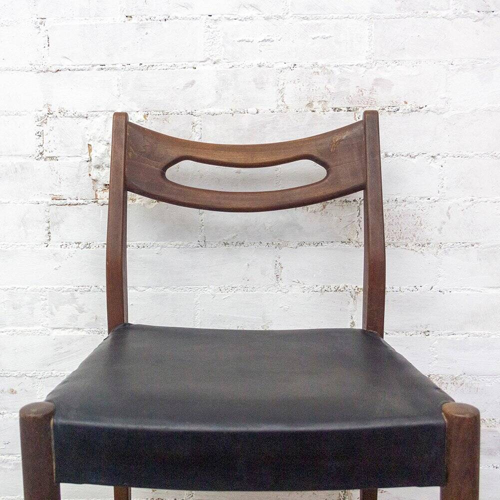 Teak and Black Leatherette Chairs, 1950s, Set of 6