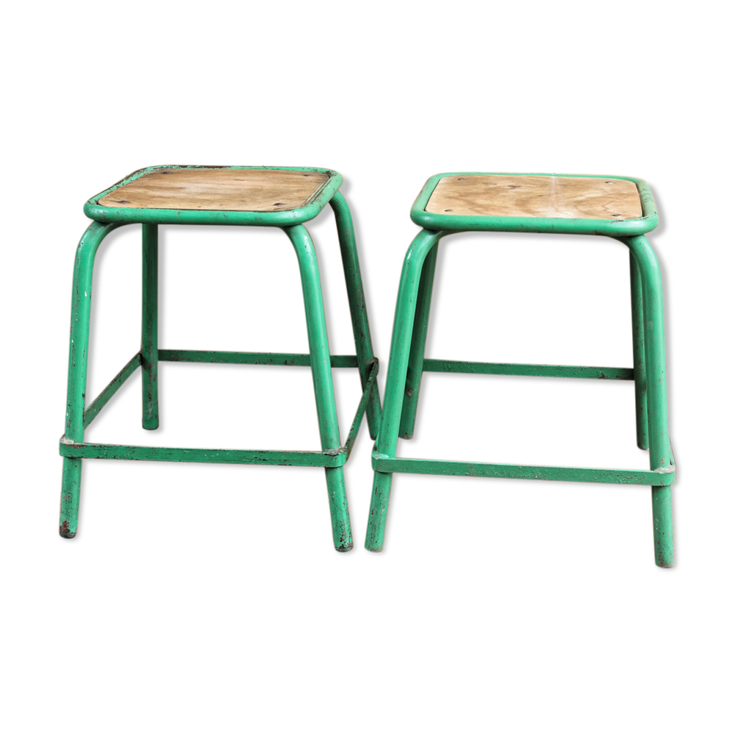 Pair of industrial stools, wood and metal