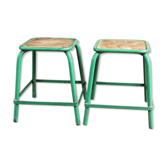 Pair of industrial stools, wood and metal