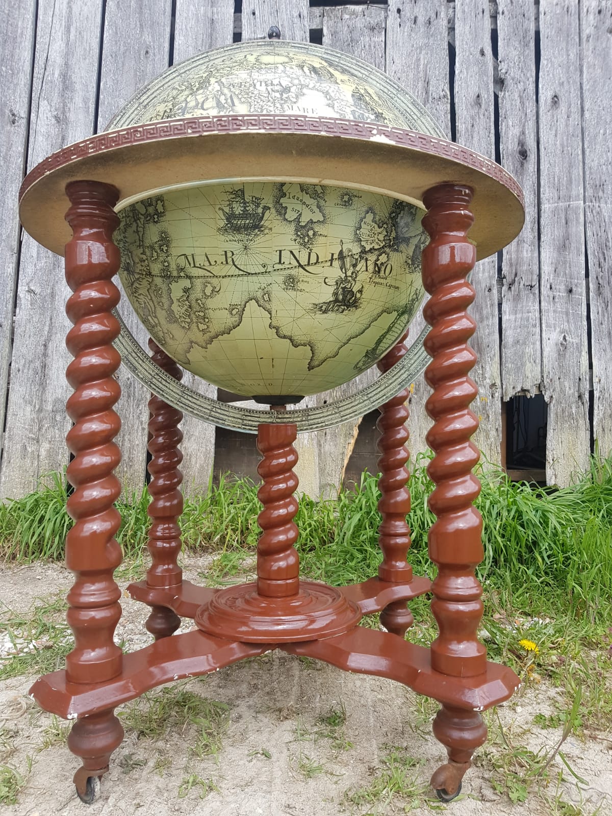Former Bar Mappemonde Structure Wood Torsadé - Globe Metal Turning Vintage