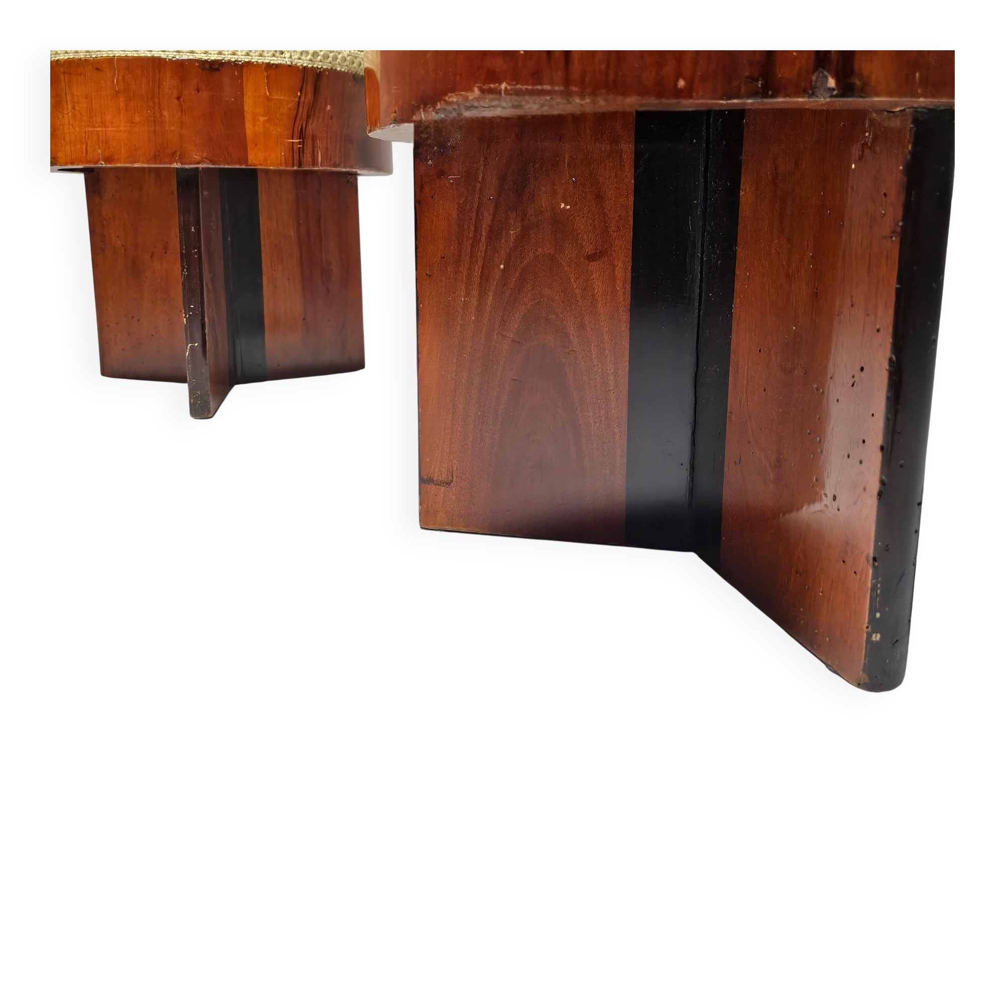 Art Deco stools in walnut and floral printed fabric, Italy.