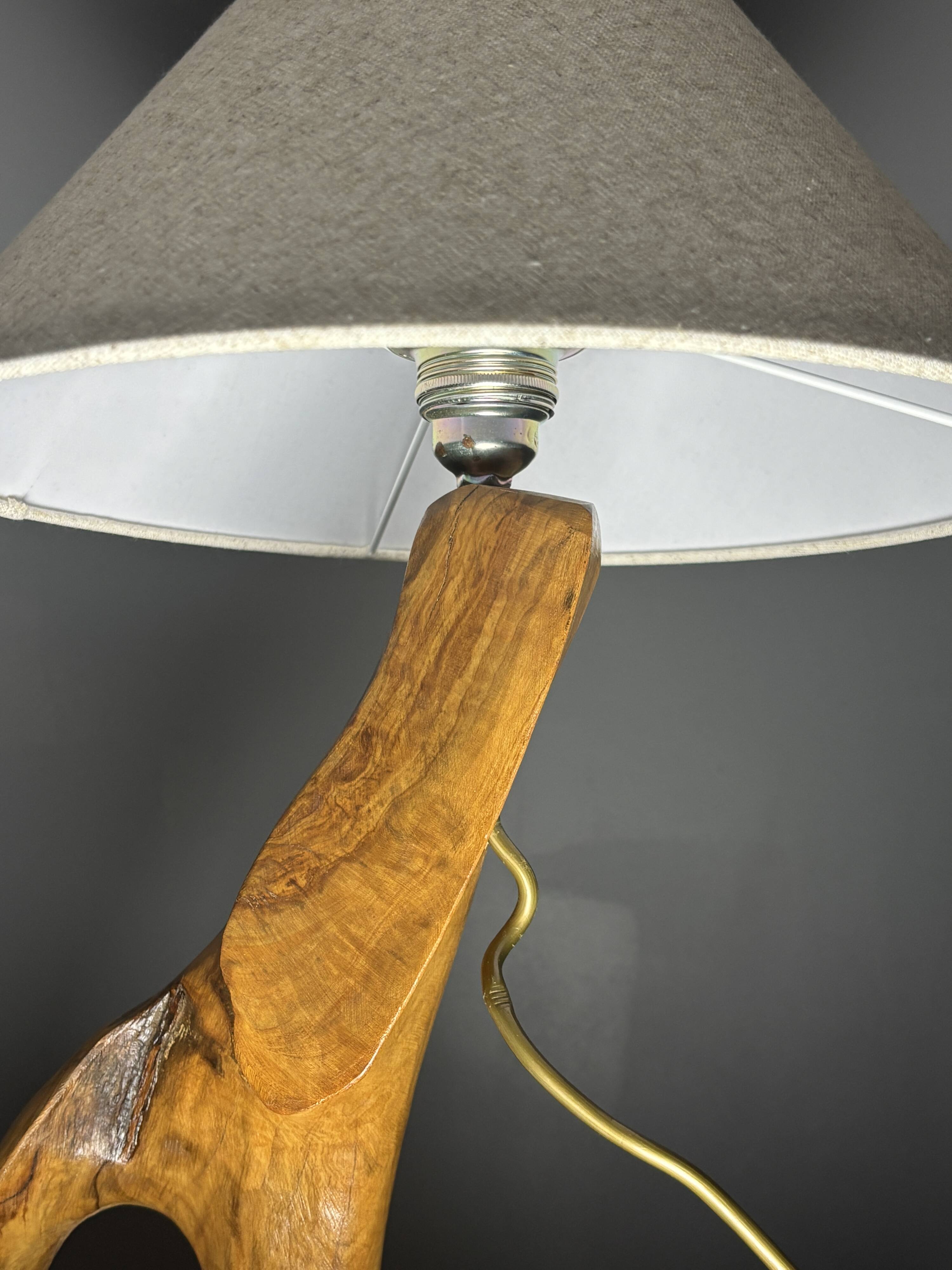 French midcentury brutalist olive wood table lamp, 1950s