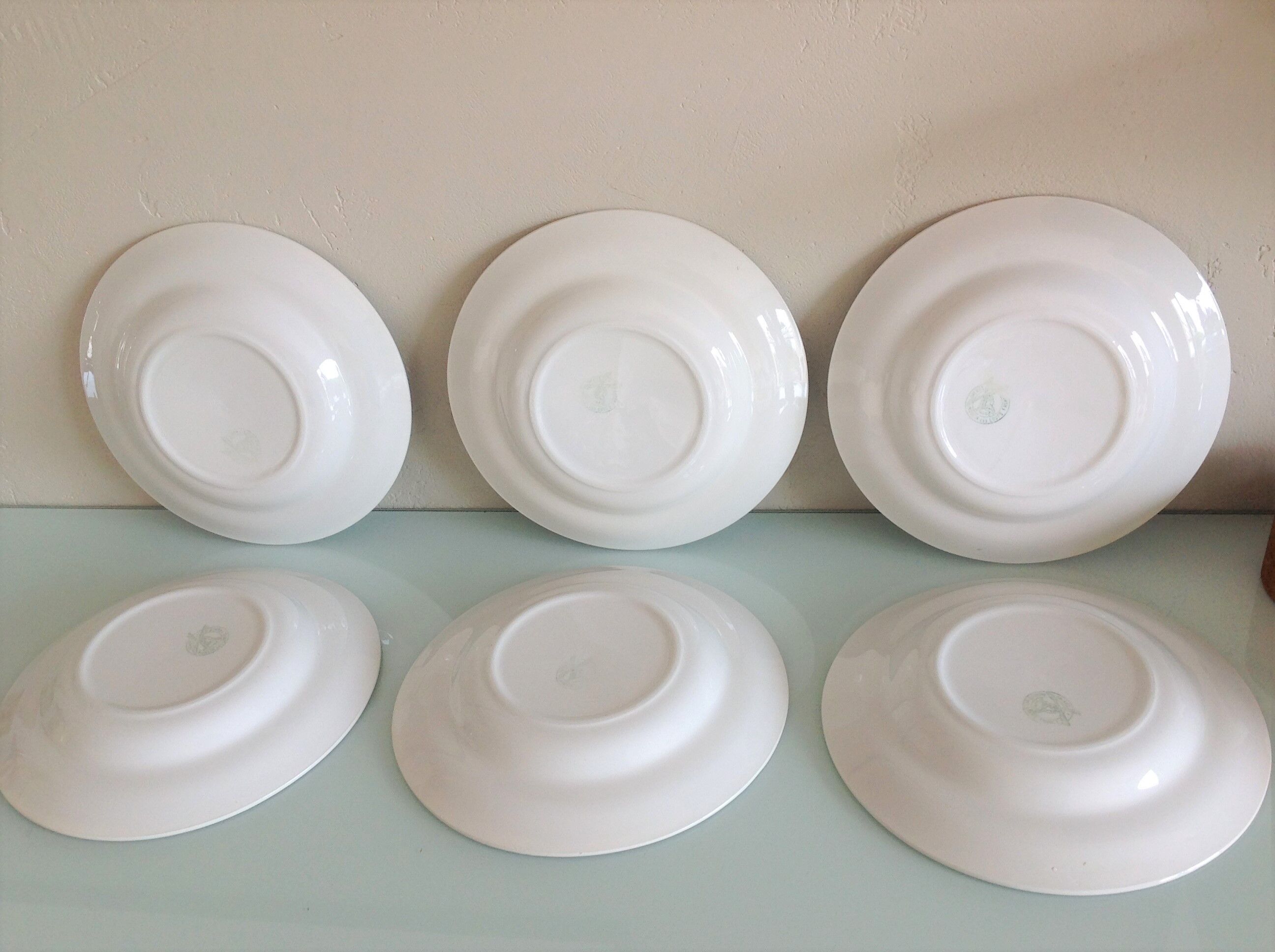 Suite of six white hollow plates with blue flowers by Moulin des Loups / vintage years 50-60