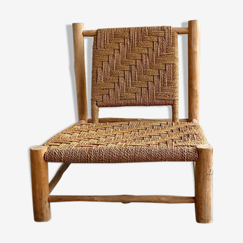 Low lounge chair in sisal rope and ash wood