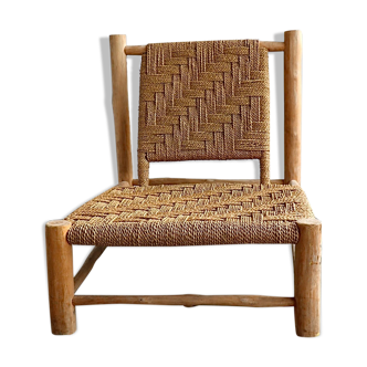 Low lounge chair in sisal rope and ash wood