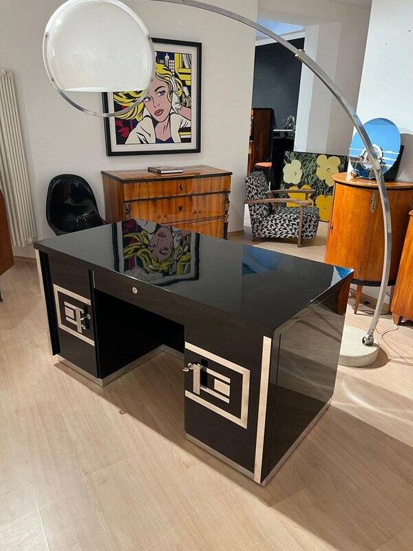 Art Deco Desk in Black Lacquer, Walnut & Metal, France, 1930s-1940s