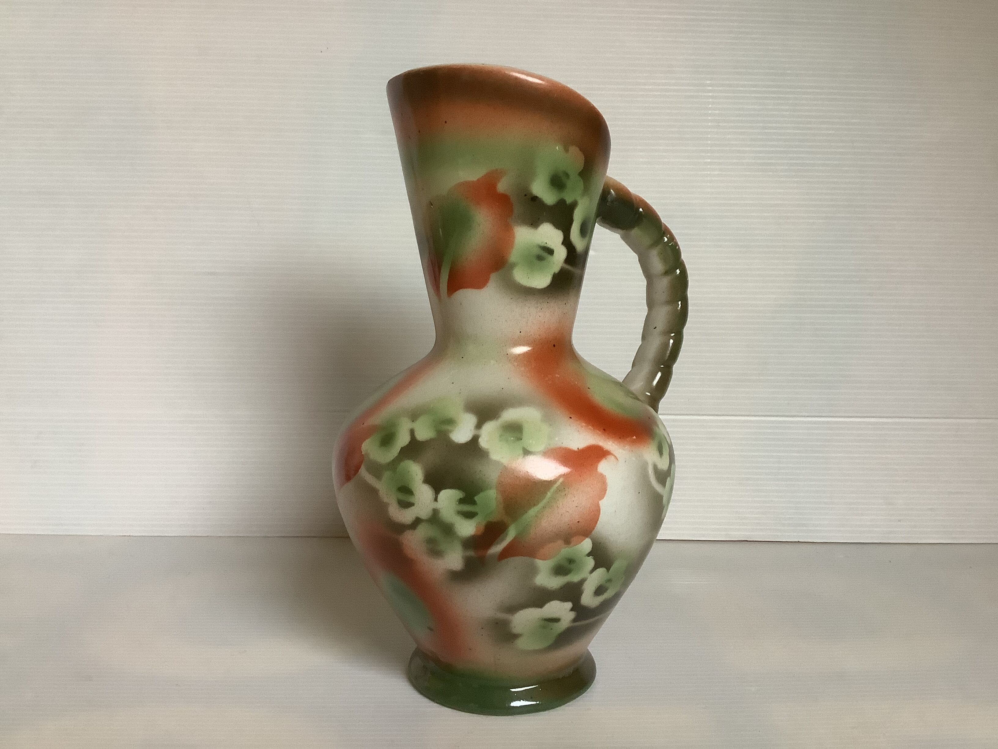 Old vase jug shape green and orange flowers