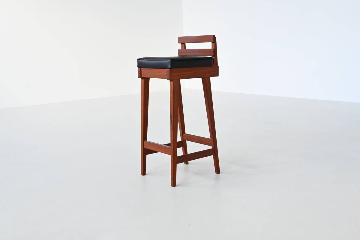 Erik Buck set of three bar stools in teak and leather Dyrlund Denmark 1960