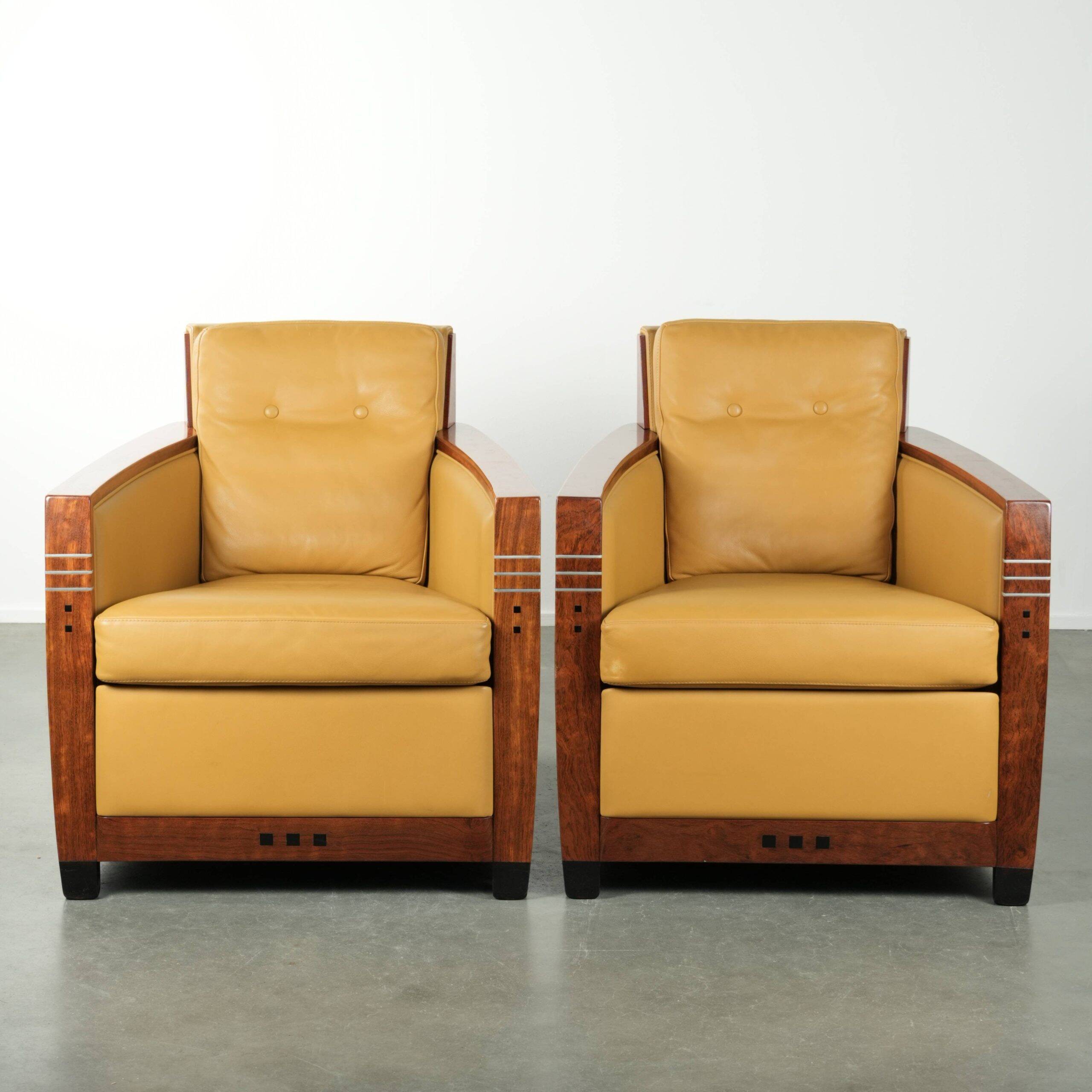 Set of two beautiful yellow cowhide Art Deco design armchairs