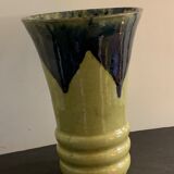 Vase en céramique émaillée évasé bleu, jaune vert
