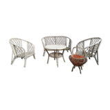 Ensemble salon fauteuils canapé, table et couturière en rotin vintage