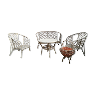 Set living room armchairs sofa, table and seamstress in vintage rattan