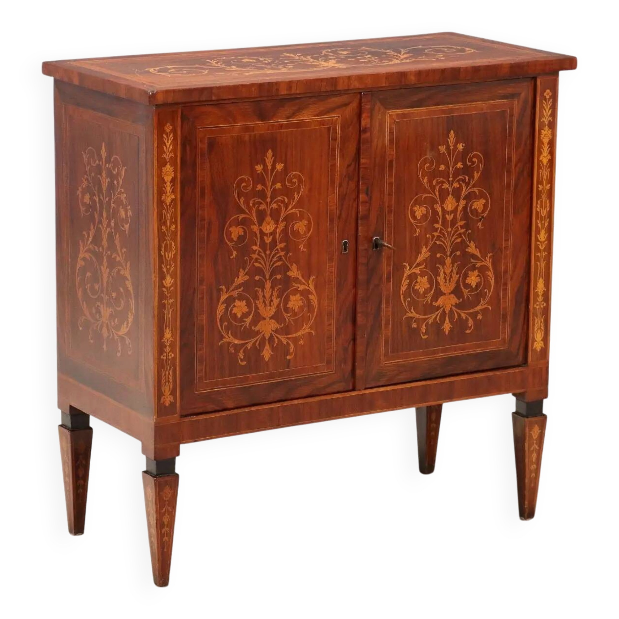 Antique neoclassical buffet veneered in various woods from the 1900s.