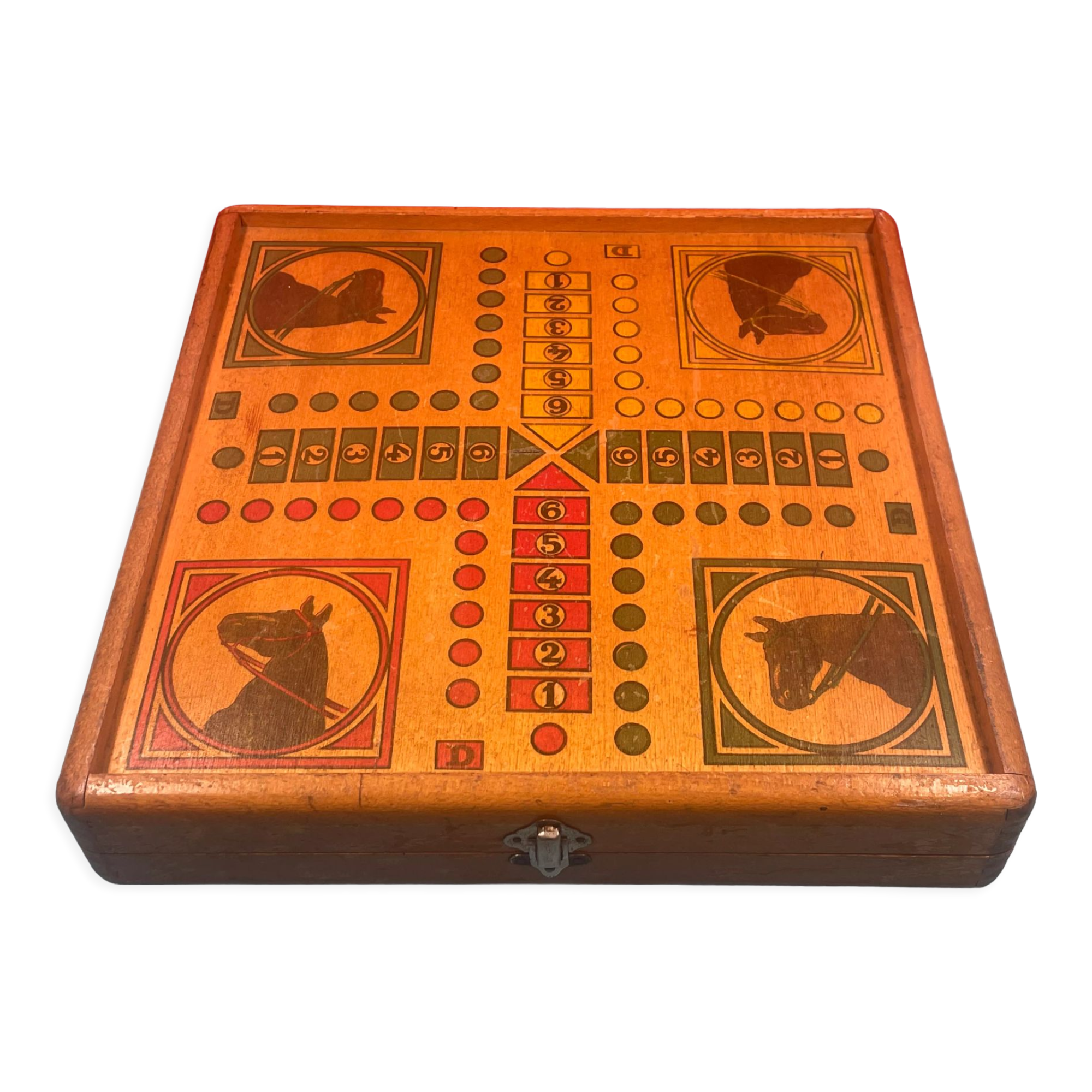 old wooden checkers' box, goose game, dada horses and jacquet with pawns. collectible game