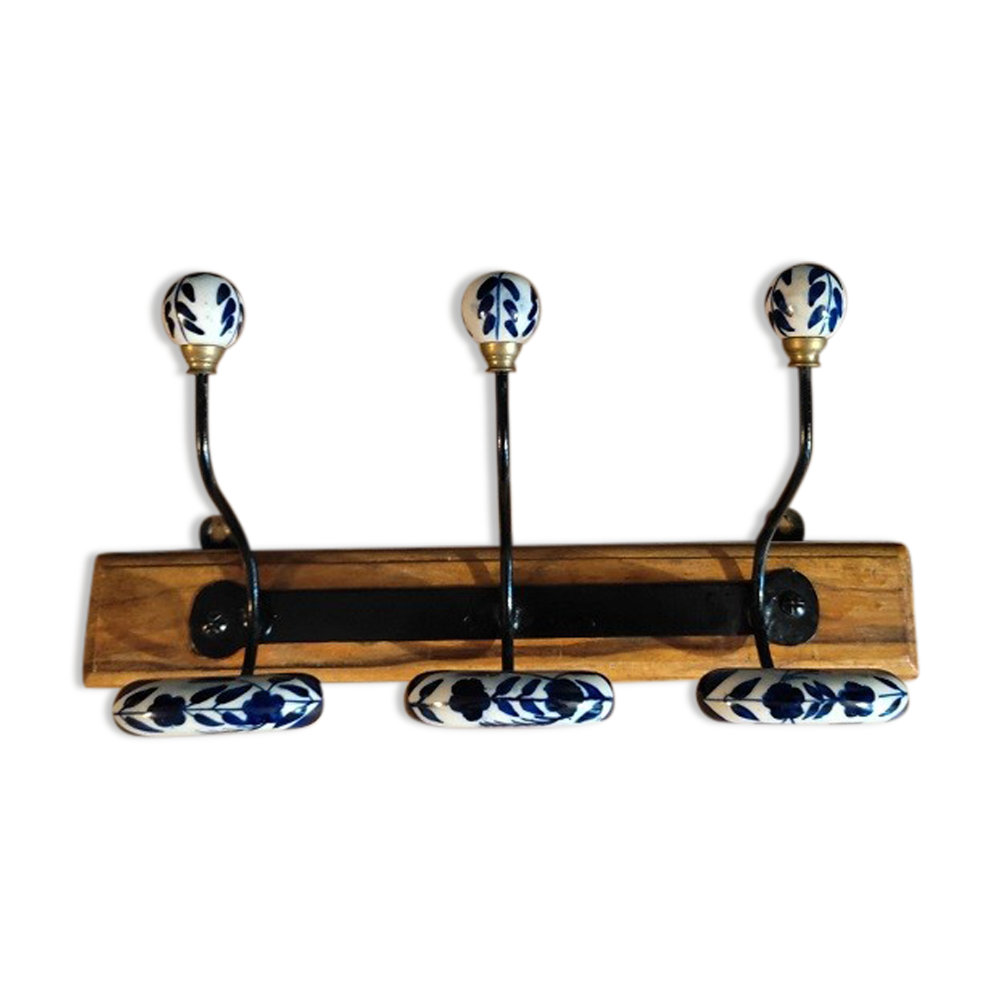 Coat rack patinated wood 3 hooks metal porcelain deco