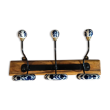 Coat rack patinated wood 3 hooks metal porcelain deco