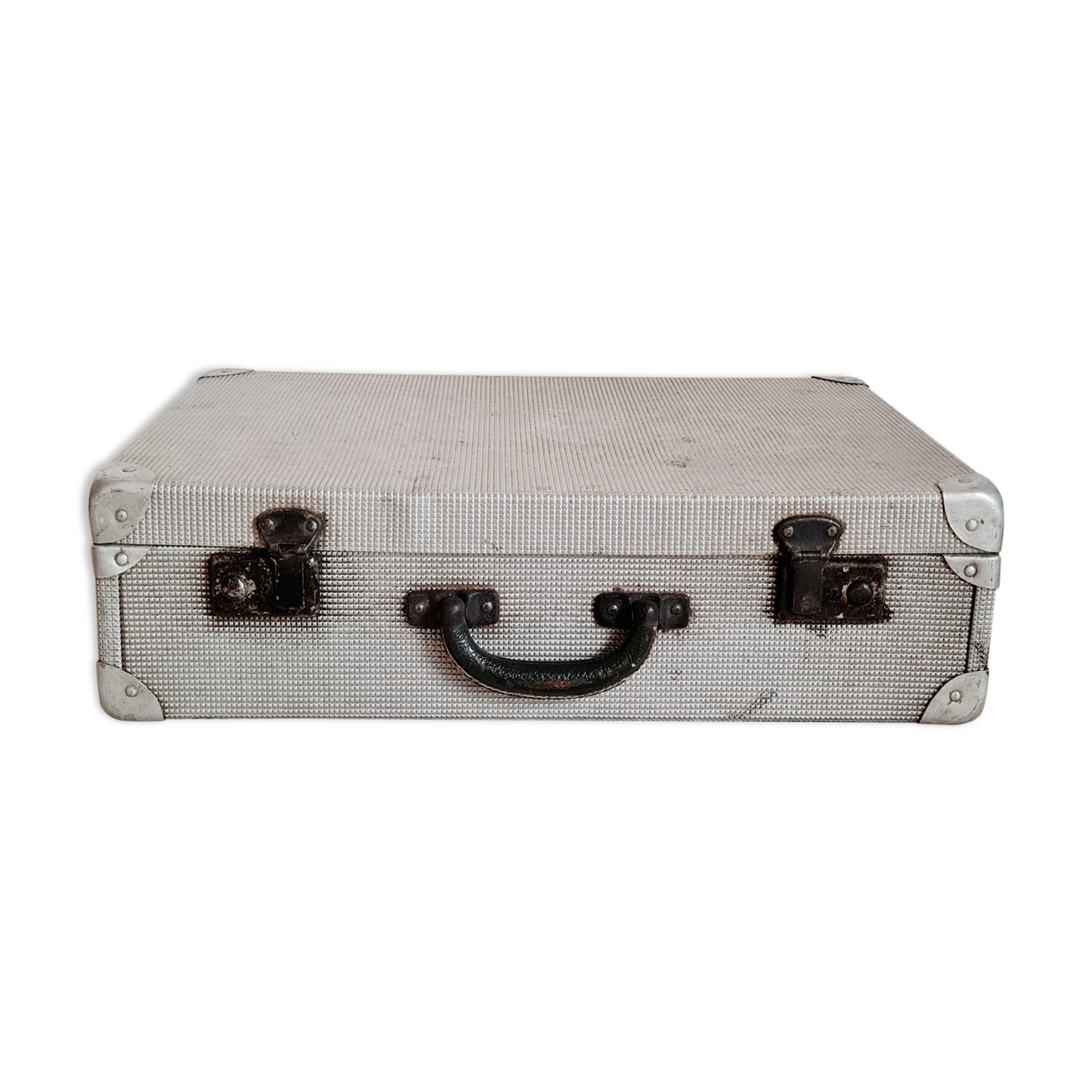 Old metal suitcase green leather handle