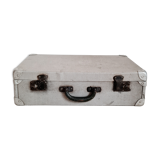 Old metal suitcase green leather handle