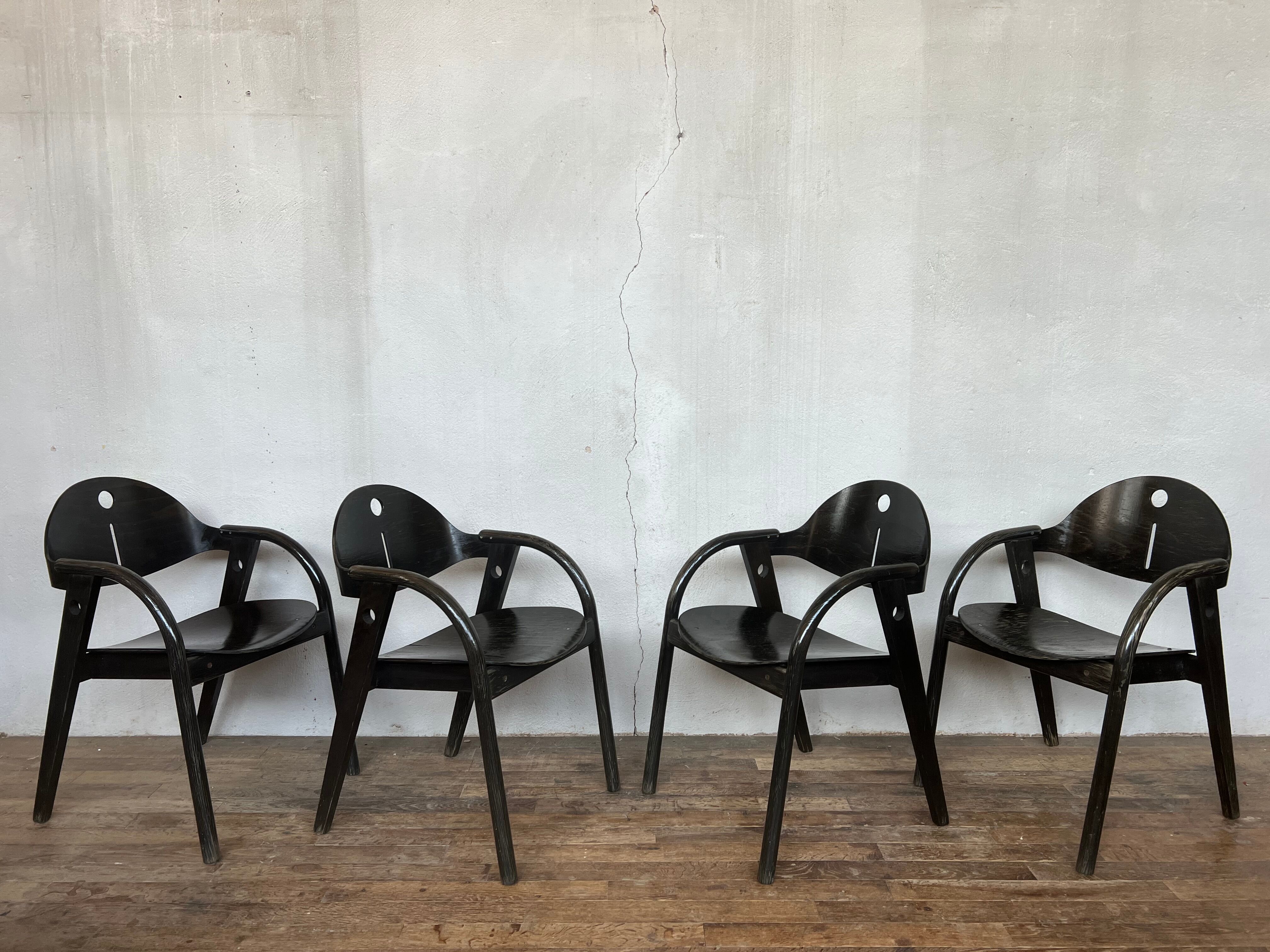 Rare series of 4 armchairs Baumann 1970 80 black original