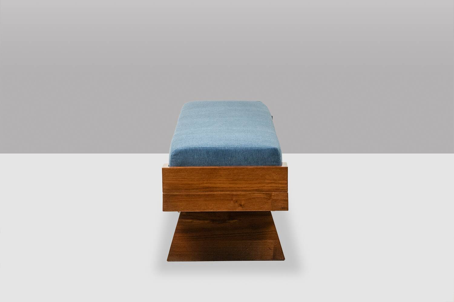 Bench in ash and glacier blue velvet. Contemporary.