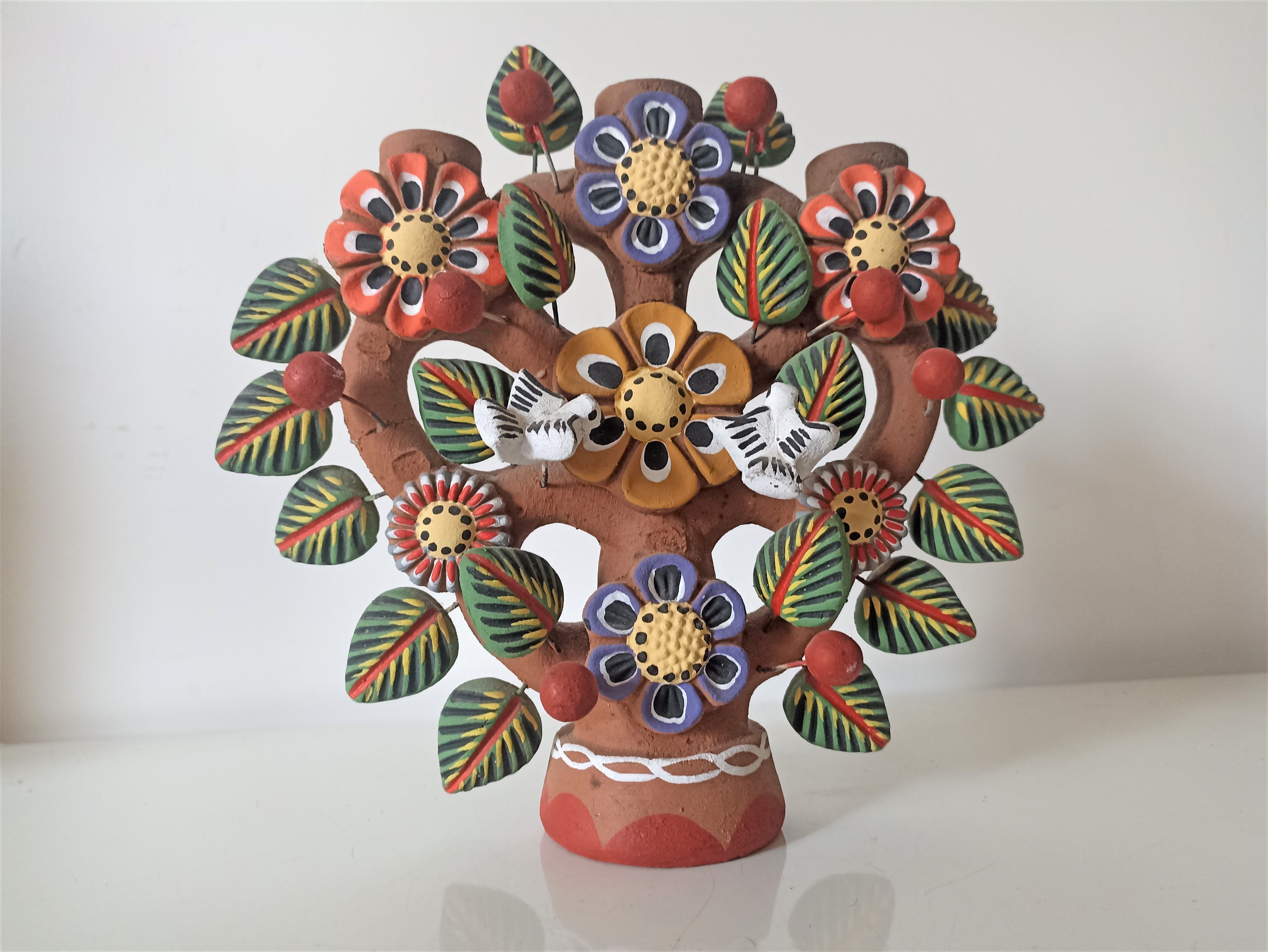 Mexican Vintage Candlestick Tree of Life Handmade Pottery