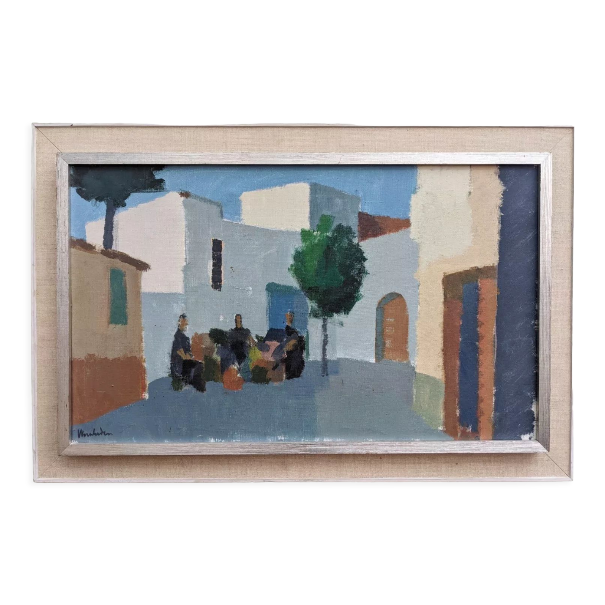 Mid-Century Modern "Charming Town" Vintage Swedish Street Scene Oil Painting, Framed