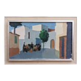 Mid-Century Modern "Charming Town" Vintage Swedish Street Scene Oil Painting, Framed