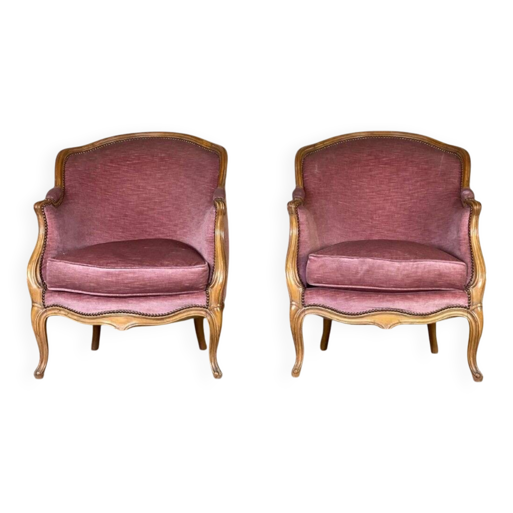 Pair of Louis XV style bergère armchairs in carved wood, pink velvet, circa 1900