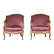 Pair of Louis XV style bergère armchairs in carved wood, pink velvet, circa 1900