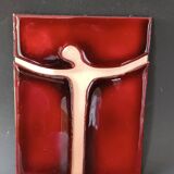 Vintage red and gold enamel wall cross on copper, Atelier Chehab