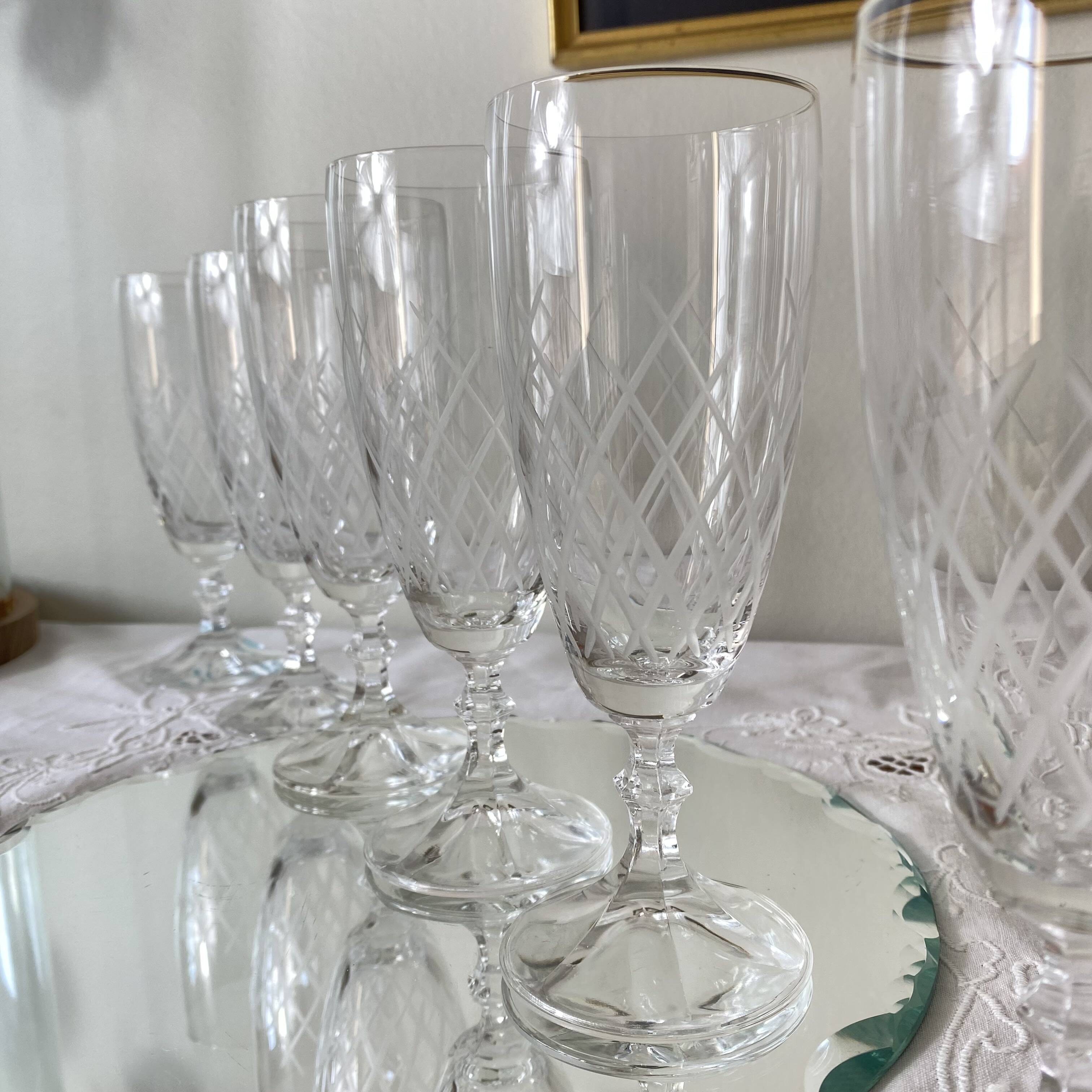 6 engraved antique champagne flutes