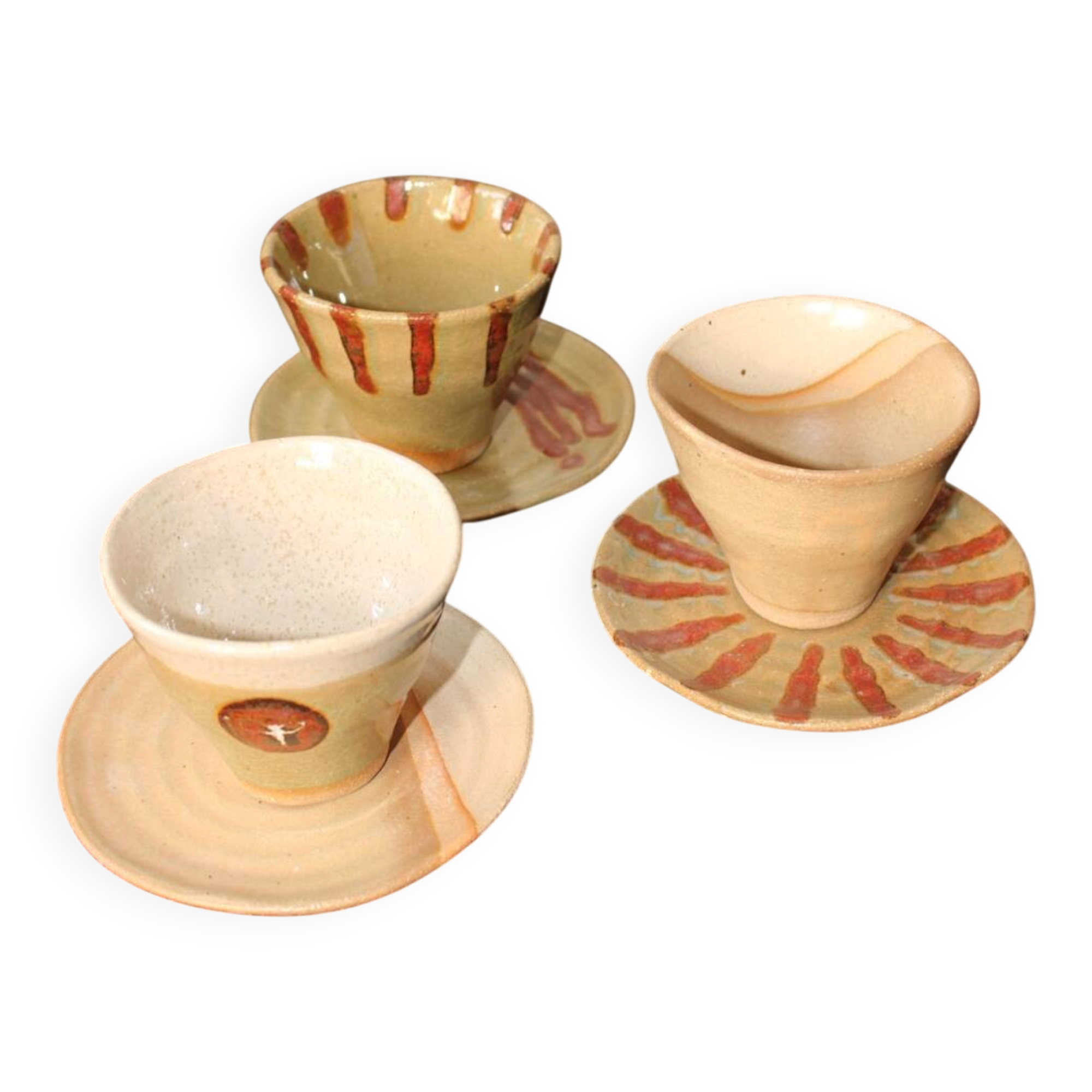 Set of 3 ceramic cups and their saucers – handmade