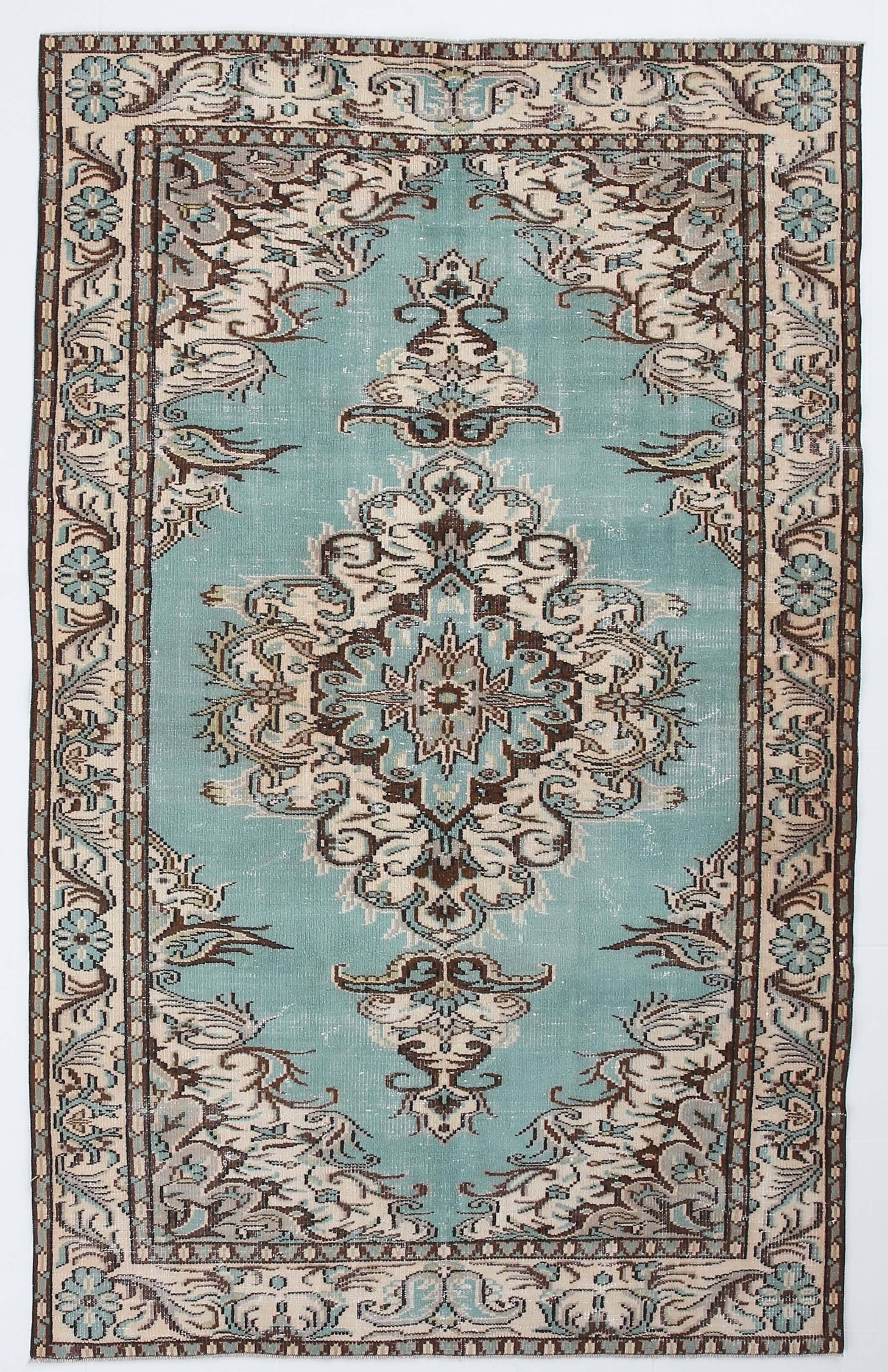 Turquoise & Brown Living Room Rug, Oushak Vintage Rug, 173x270 Cm