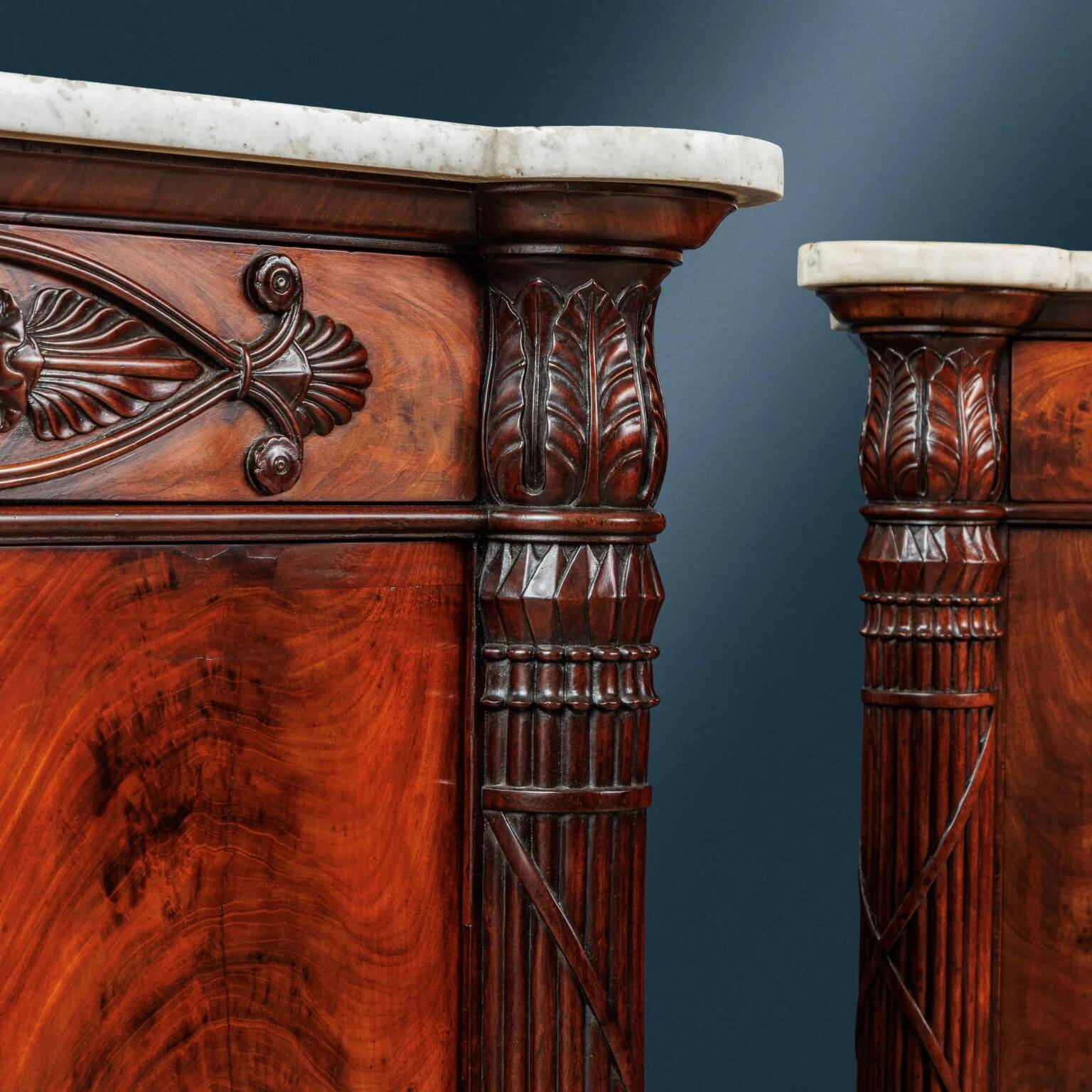 Restored antique buffets in chestnut, mahogany, and marble, 19th century.