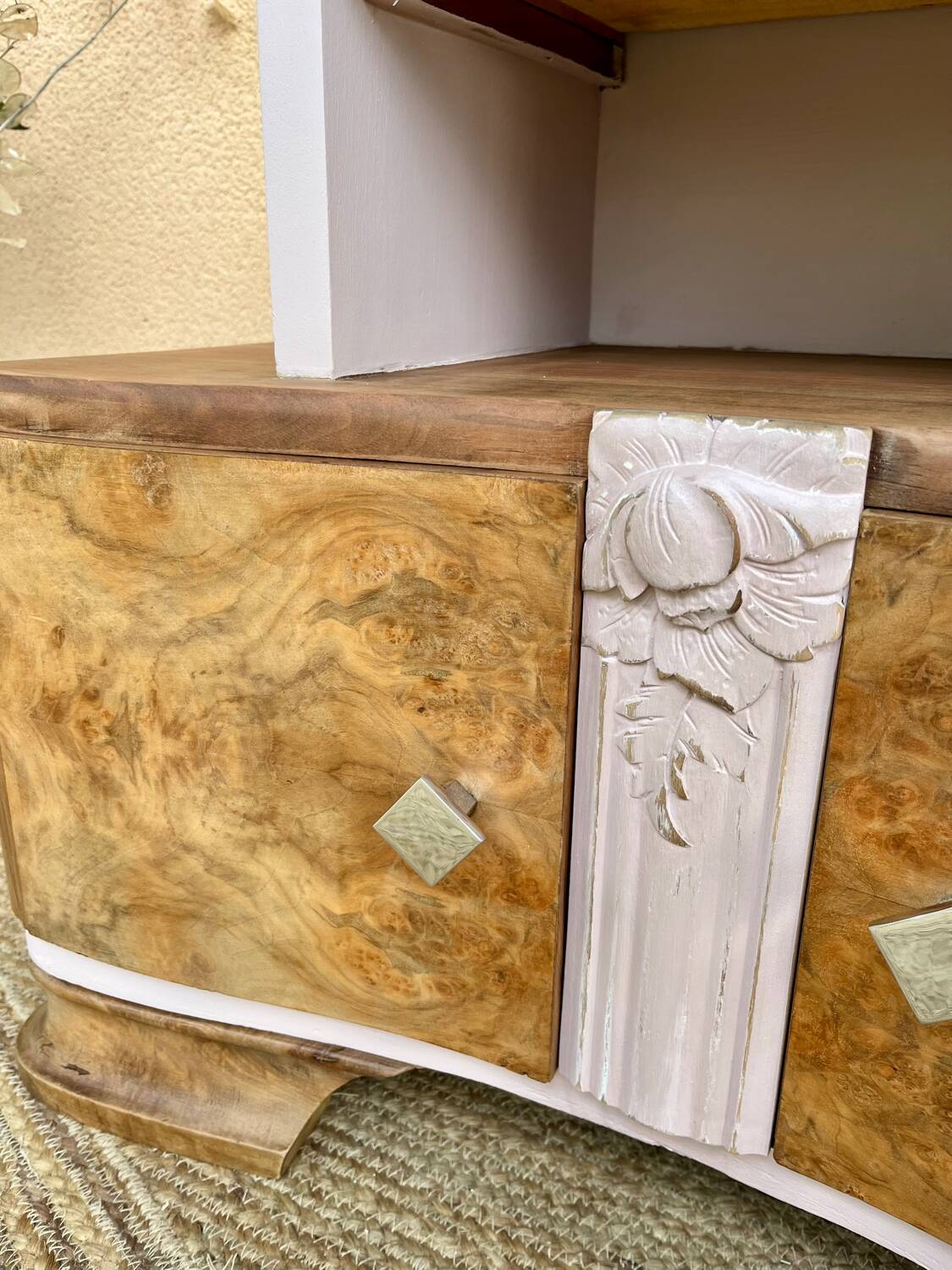 Art Deco bedside table in powder pink painted wood.