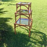 Bamboo pull-out table / leather and vintage glass