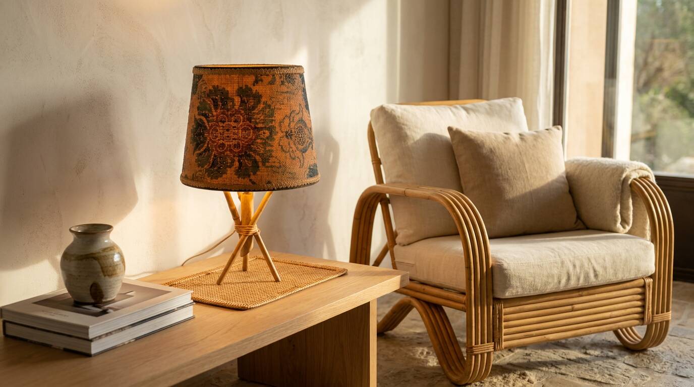 Rattan and bamboo lamp with printed fabric shade.