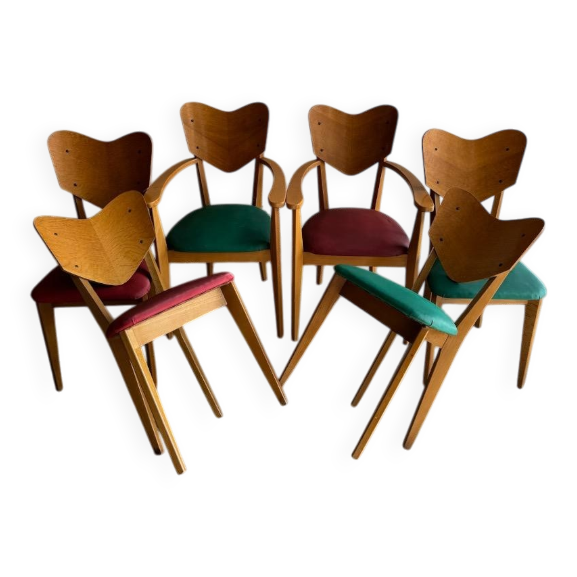 Ensemble de 6 chaises en forme de cœur de René-Jean Caillette, en bois courbé avec revêtement vert et bordeaux