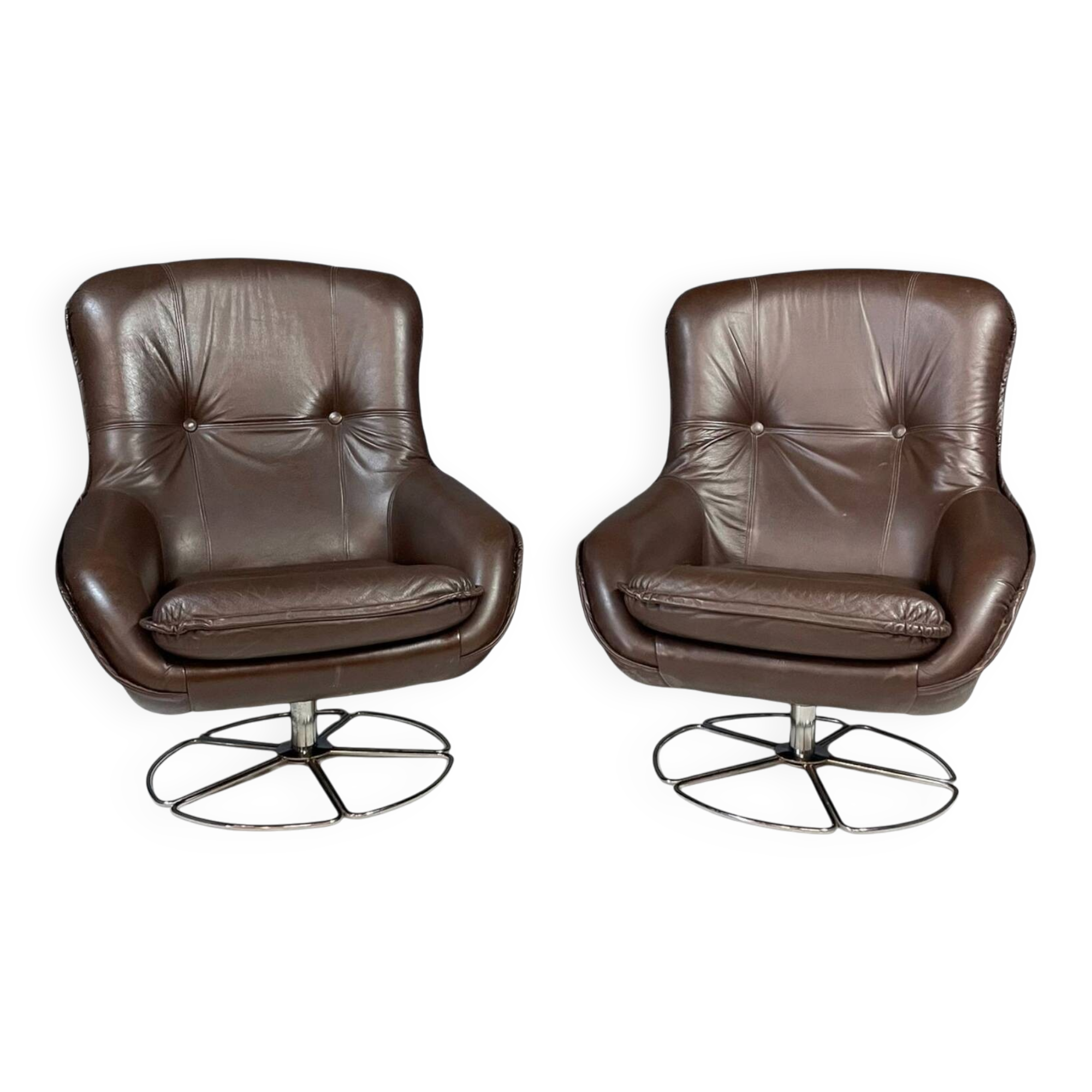 Pair of leather swivel armchairs by PEEM, Finland, 1970s