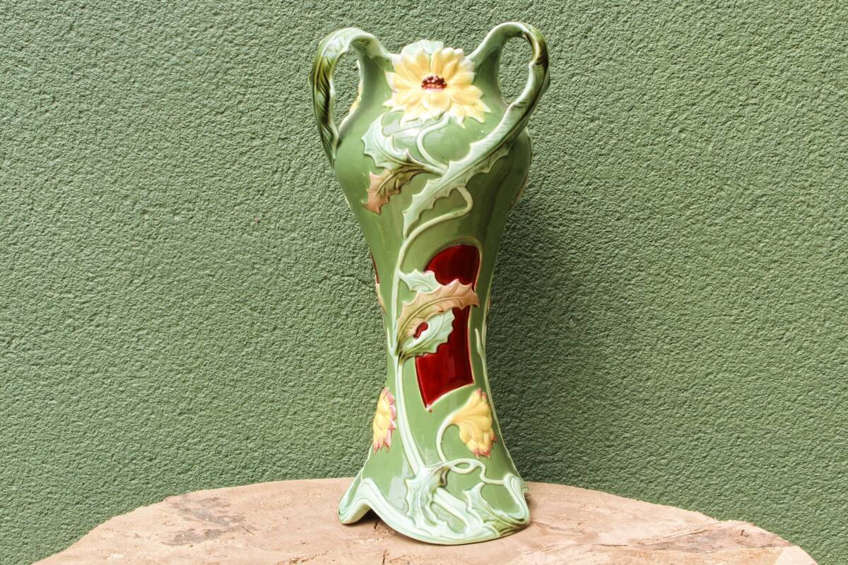 Slip vase, thistle motif, Art Nouveau