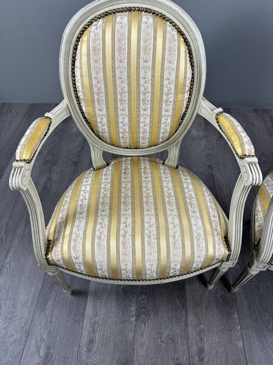 Pair of Medallion Armchairs in Louis XVI Style with Footrests, 20th Century