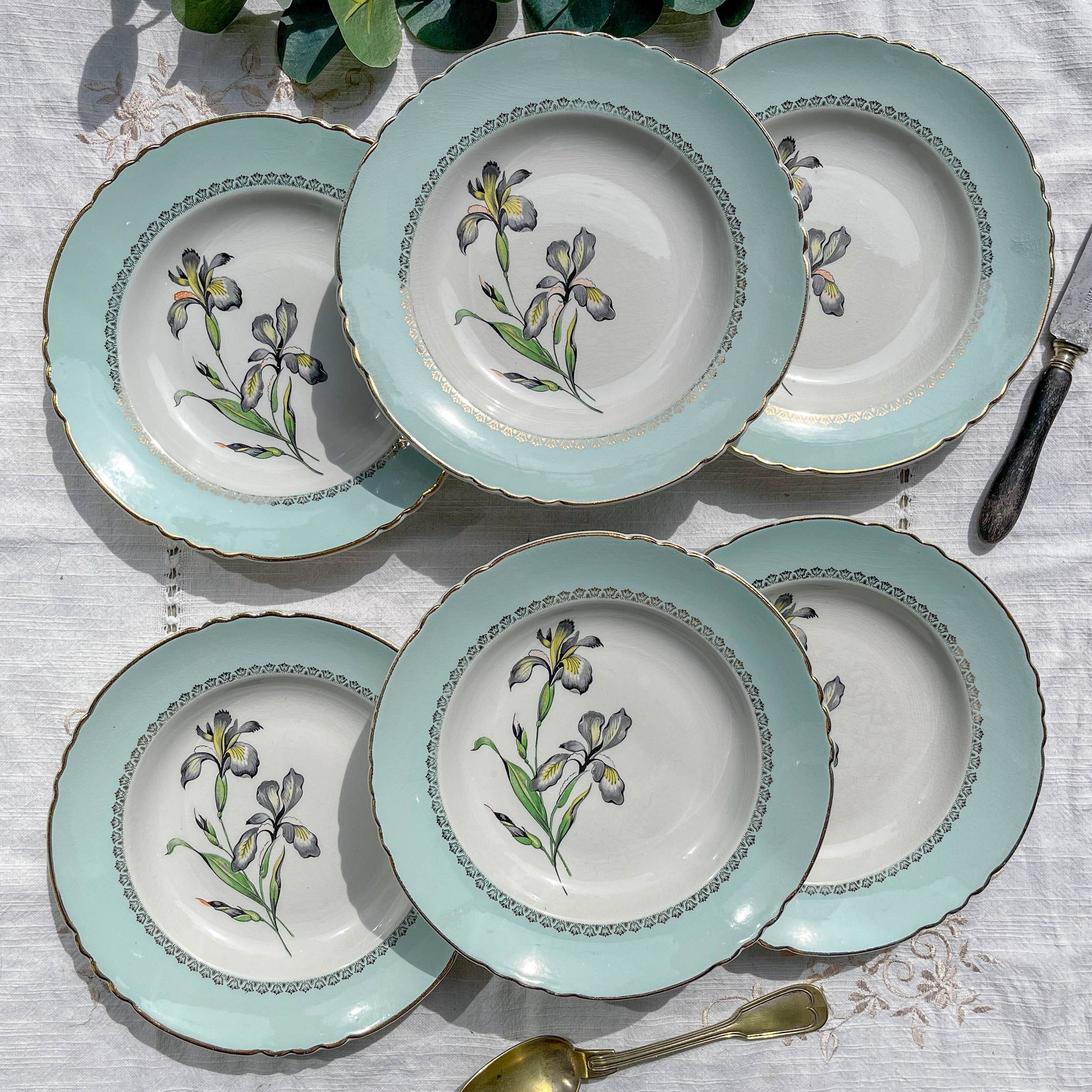 6 vintage white and green porcelain soup plates Iris Moulin des Loups "Sargosse" 1950s
