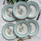 6 vintage white and green porcelain soup plates Iris Moulin des Loups "Sargosse" 1950s