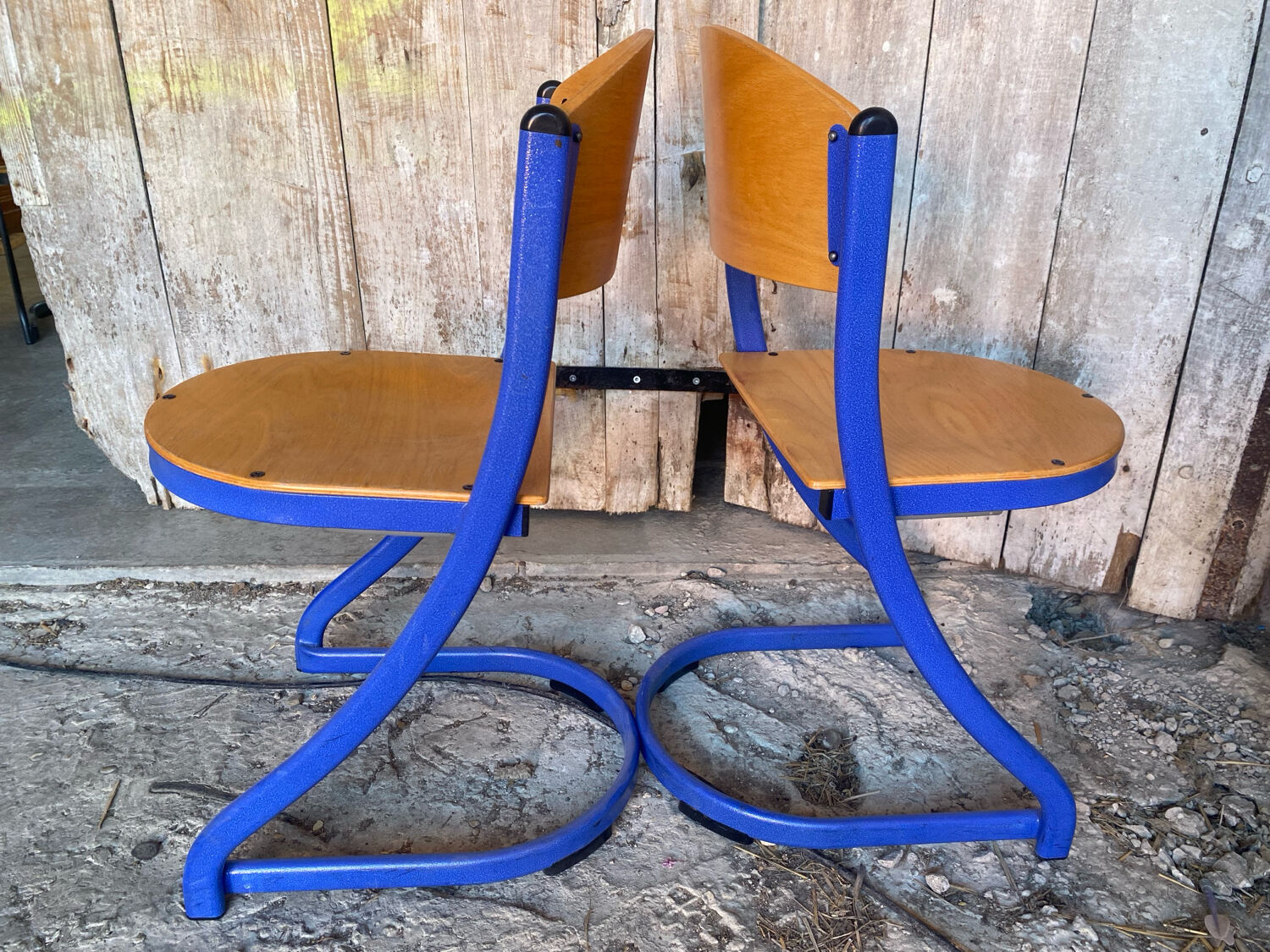 Pair of Chairs SOUVIGNET Model ELODIE Metal Blue & Wood Made in France